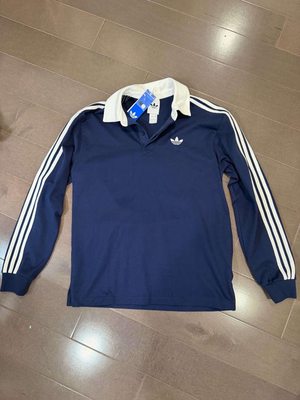 adidas Navy Crewneck Rugby-Style Sweatshirt with White Collar